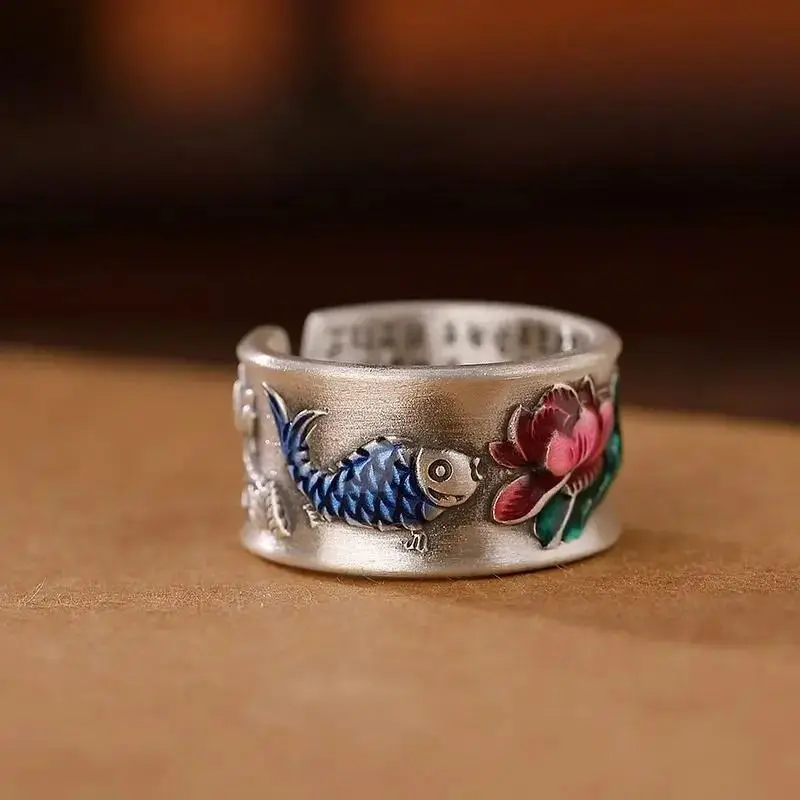 New Retro Carp Lotus Heart Sutra Male Female Couple Ring Personalized Ethnic Style Simple Fashion Jewel
