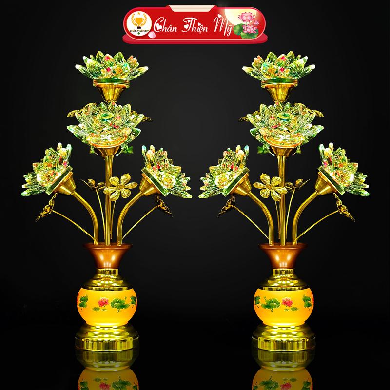 Giá 1 Cặp Đèn Bàn Thờ Bình Hoa Sen Pha Lê 5 Bông CHÂN THIỆN MỸ Vật Phẩm Trang Trí Bàn Thờ Cao Cấp