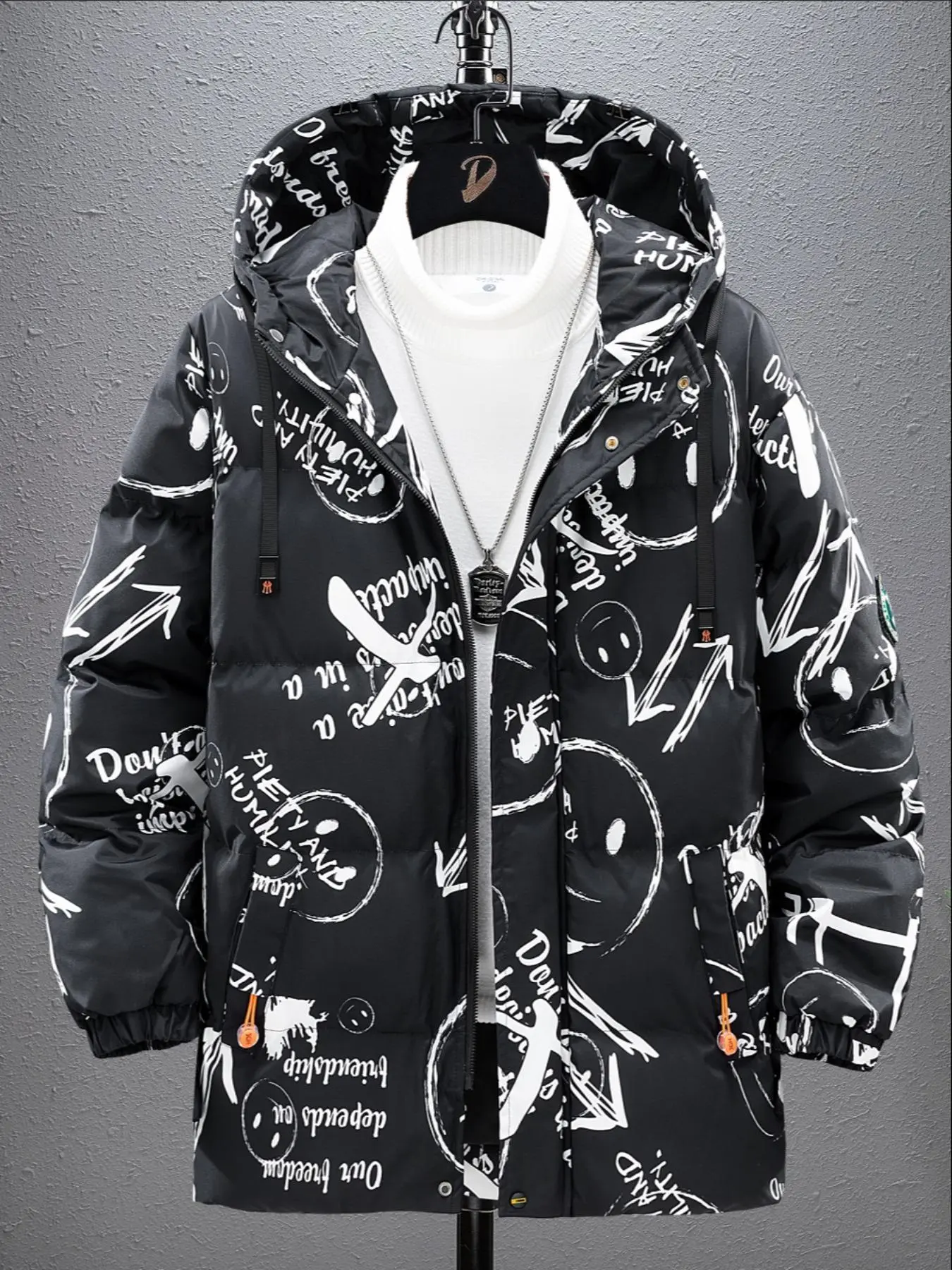 Men's Loose Cartoon Print Pocket Zipper Hooded Jacket, Casual Long Sleeve Thermal Lined Outwear For Fall & Winter, Men's Clothes For Daily Wear
