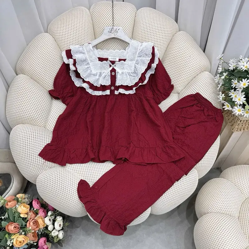 Đồ ngủ bánh bèo , bộ pijama cộc dài chất liệu đũi xốp cổ vuông bèo công chúa siêu xinh hàng thu đông dành cho nữ Áo Ren Quần Ngủ babydoll