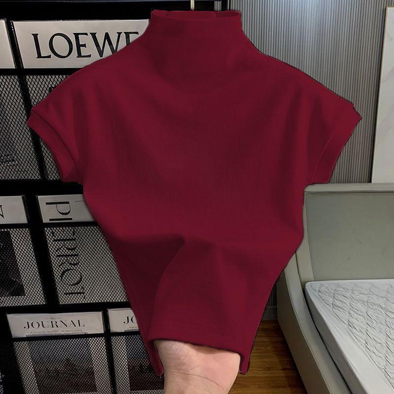 Áo Thun Tay Ngắn Vải Lụa Lạnh Cổ Lọ Nửa, Dành Cho Nữ, Bộ Sưu Tập Mùa Hè, Phong Cách Hàn Quốc Mới, Cổ Chân Đế Bên Trong, Áo Lớp Nền Thiết Kế Thủ Công