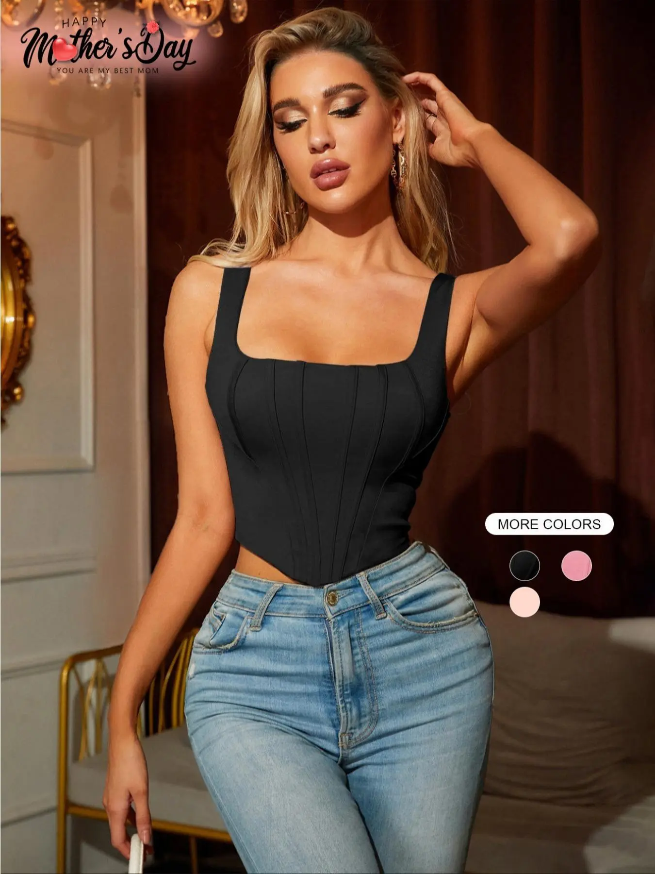 Women's Solid Curved Hem Square Neck Zipper Crop Tank Top, Casual  Elegant Trendy Backless Sleeveless Boning Top for Summer, Lady's Top for Daily Wear