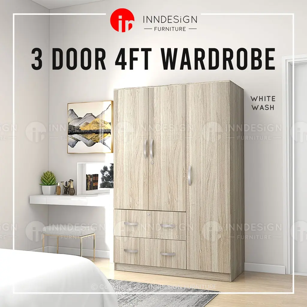 INNDESIGN 3 DOORS 4FT WARDROBE (3 COLOURS)