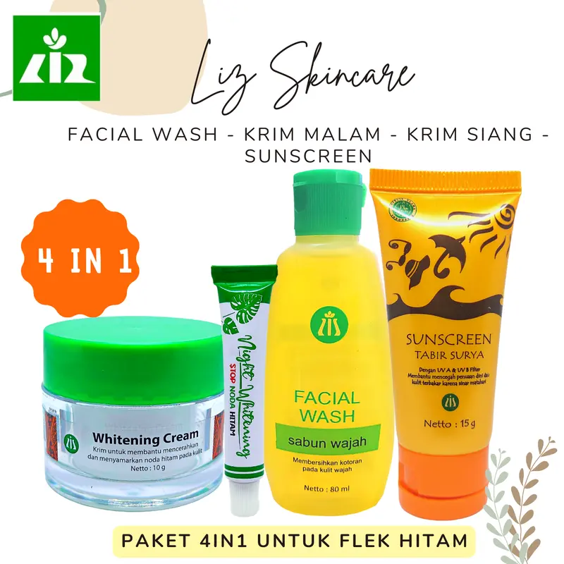 Paket Flek Hitam 4in1 Liz Skincare Night Whitening Cream / Krim Pemutih Malam dr listiani - Liz Skincare Sunscreen Anti Sinar Matahari - Liz Skincare Day Whitening Cream Flek Hitam Krim Siang dr listiani - Facial Wash Sabun Wajah untuk Flek HItam 0