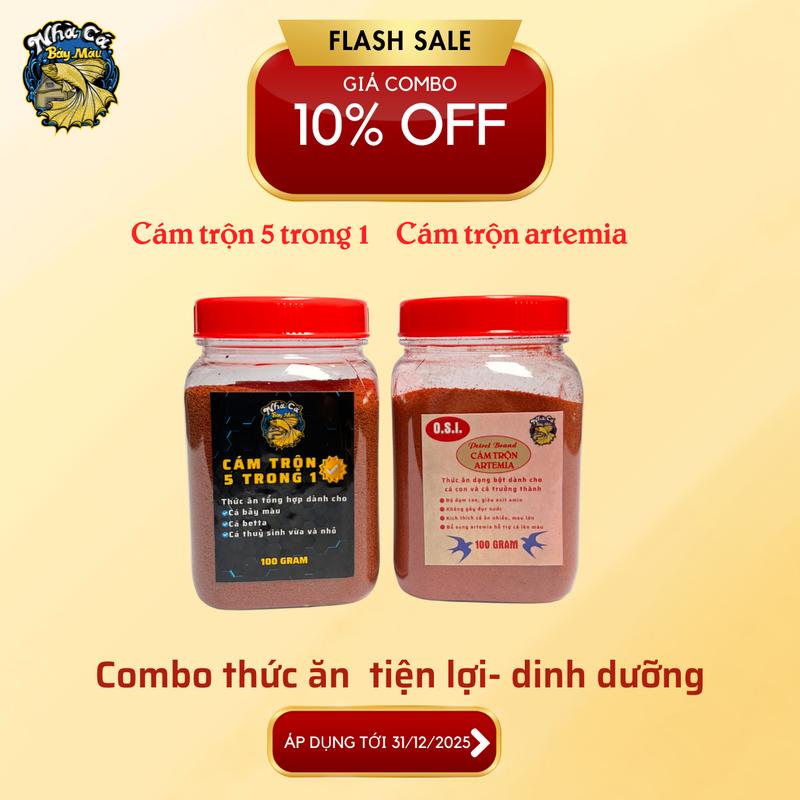Combo cám trộn 5 trong 1 - cám trộn artemia, thức ăn tiện lợi, dinh dưỡng cho cá bảy màu, cá betta, cá thủy sinh miệng nhỏ hũ nhựa 50g 100g 200g 500g cám  nhuyễn