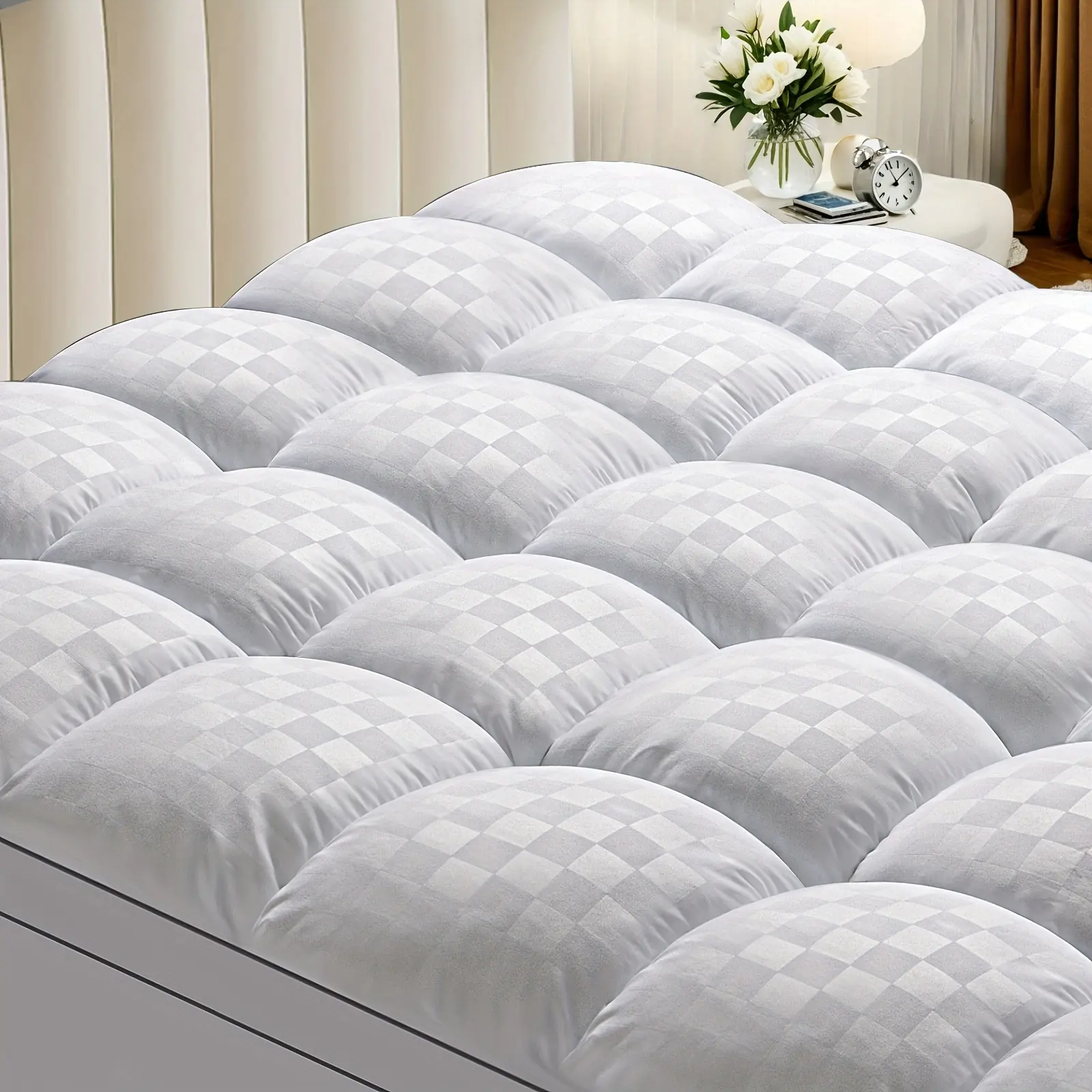 Extra Thick Quilted Mattress Topper - Soft White Stretchable 8- 21inch Deep, Cooling Comfort Pad with Diamond Pattern, Suitable for Bedroom and Guest Room