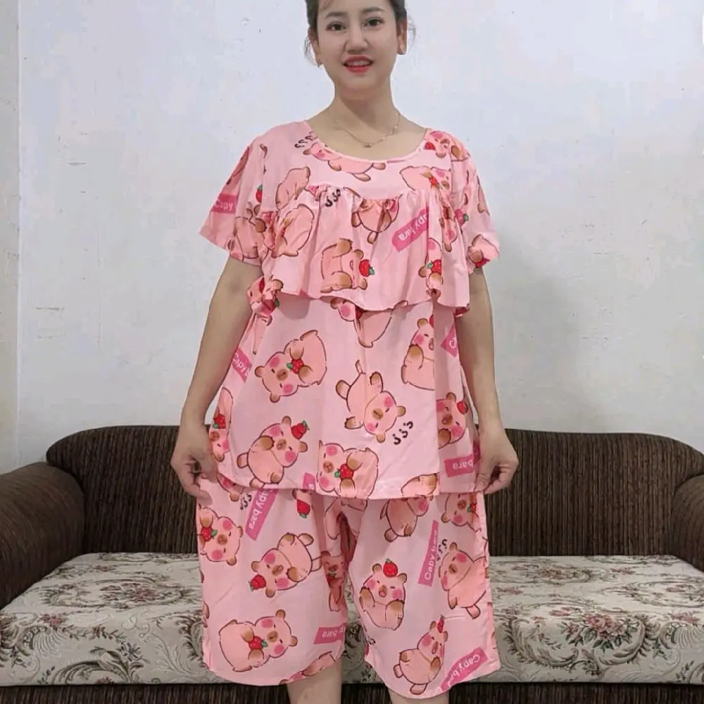 DH011. Đồ Bộ Tole Lanh Big Size 63-120 k.g. Quần Lửng Áo Tay Ngắn Có Rèm Bèo. Nhiều Màu Sắc Họa Tiết.