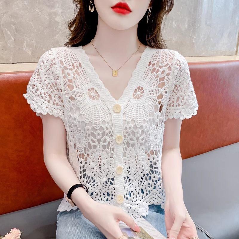 Áo Thun Ngắn Tay Dệt Kim, Trang Phục Mùa Hè, Thiết Kế khoét Dành Cho Nữ, Hàng Mới Về 2024, Làm Bằng Lụa Lạnh Áo Len, Phong Cách Phương Tây, Thiết Kế Độc Đáo Sang Trọng Áo Ngắn 1