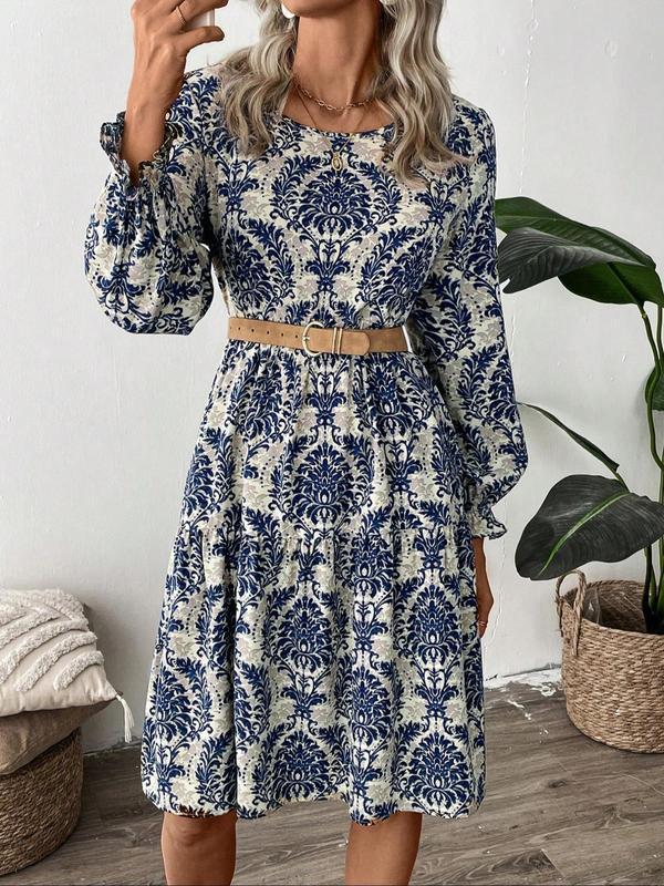 Women's All Over Floral Print Plicated Flounce Sleeve Dress, Casual Long Sleeve Round Neck Short Dress for Daily Wear, Ladies Clothes for All Seasons, Womenswear 5