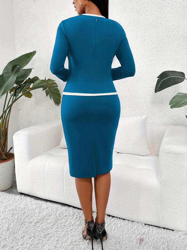 Women's 2 In 1 Colorblock Contrast Binding Square Neck Bodycon Dress, Formal Dresses, Comfort Womenswear, Elegant Knee Length Dress for Work Office Business, Ladies Spring & Fall Clothes 3