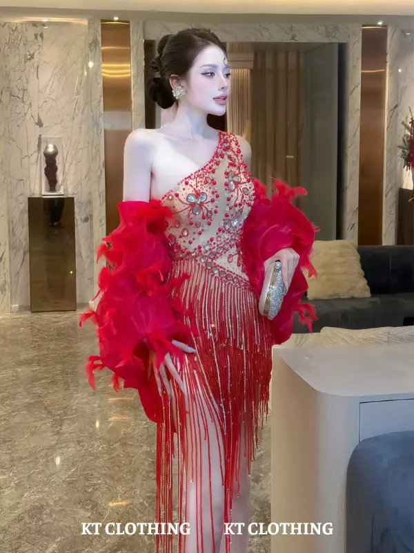 Đầm Dự Tiệc Chéo Vai Đính Đá – KT CLOTHING | Thiết Kế Sang Trọng, Kèm Choàng Lưới Quyến Rũ 6