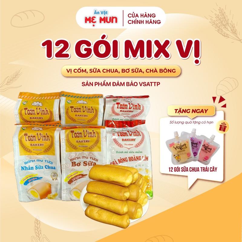 Combo 12 Túi Bánh Mỳ Tươi Truyền Thống Các Vị : Bơ Sữa/ Sữa Chua/ Chà Bông Hoàng Kim/ Nhân Cốm, Tặng 10 Túi Yogurt