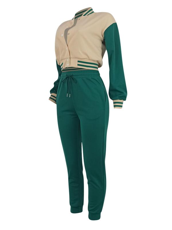 Women's Colorblock Print Short Jacket & Drawstring Waist Sweatpants Two-piece Set, Two Piece Set Women, Casual Long Sleeve Mock Neck Outerwear & Pocket Pants for Daily Wear, Ladies Fall & Winter Clothes, Co-ord Sets 3