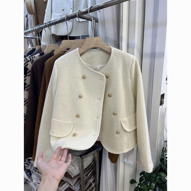 Áo khoác dạ hai lớp tone nâu trắng siêu tôn da phối cúc đồng xịn xò hàng QCCC-TD085