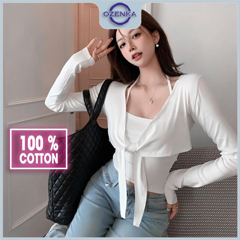 Áo croptop kiểu tay dài ôm nữ sang chảnh OZENKA , áo dệt kim nữ xinh phong cách nhẹ nhàng cột dây mặc đi chơi đi cà phê
