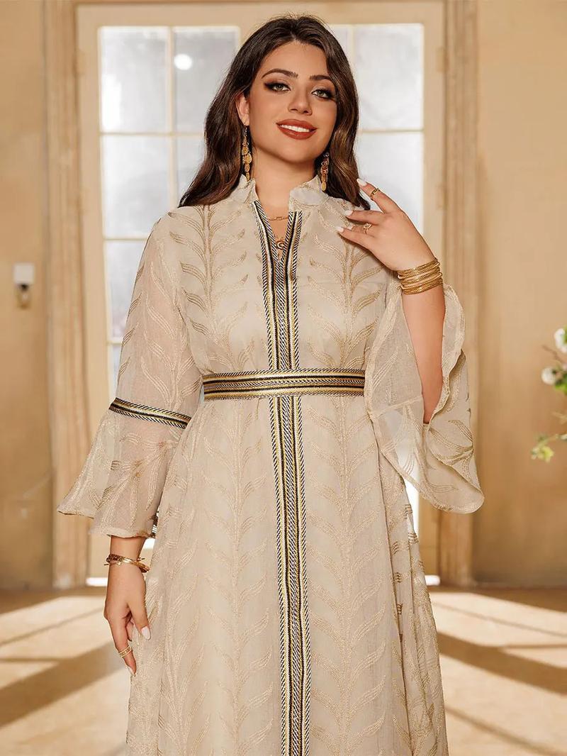 Product Introduction of Dubai Embroidery Abaya With Belt For Muslim Woman Notched Stand Collar Flare Sleeve Elegant Loose Moroccan Saudi Kaftan 7