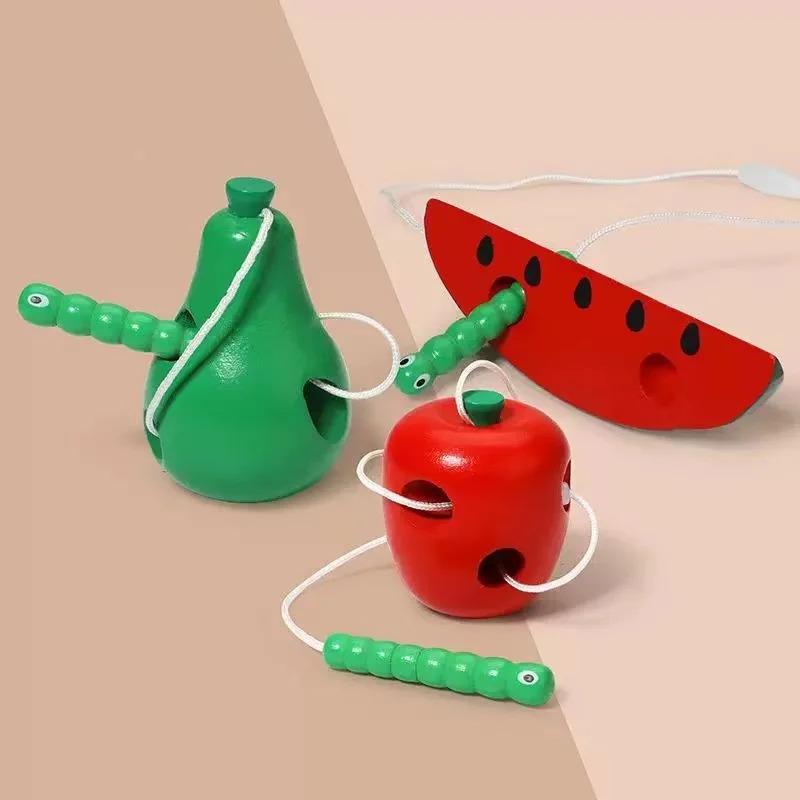 Montessori Educational Toys Fun Wooden Toys Bugs Eating Fruit Apple Pear Early Education Teaching Aid Toys Gift 0