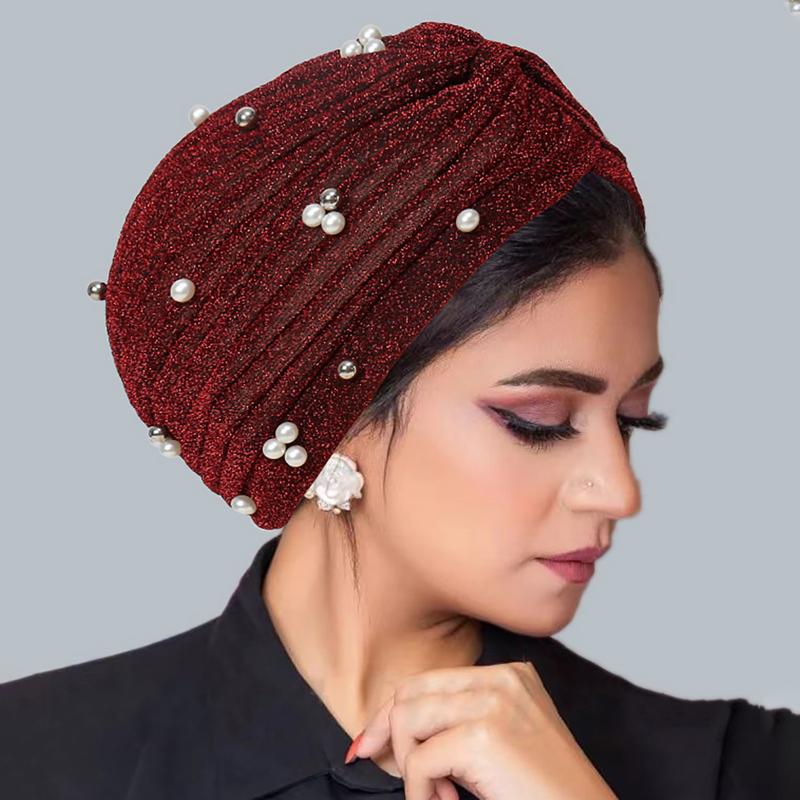 Mũ Trùm Đầu Nữ, Lụa Sáng Màu Trơn Đính Cườm, Đơn Giản Và Dễ Phối Đồ Phong Cách Hồi Giáo, Mũ 6