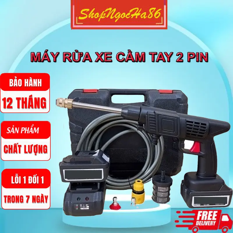 Máy rửa xe cầm tay bằng pin, 2 pin 10 Cell, máy rửa xe dùng cho gia đình có chế độ phun sương tạo bọt tuyết, xịt rửa sân vườn 0