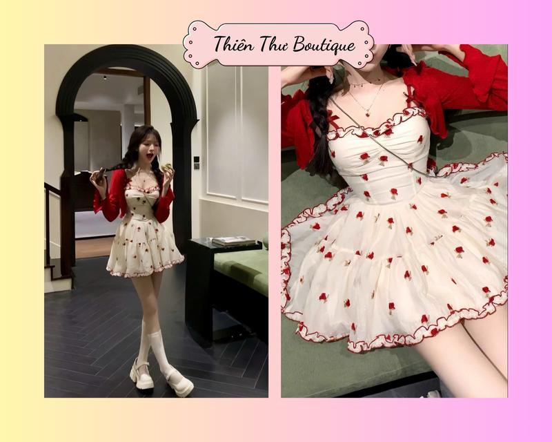 Set váy hoa nhí kèm áo khoác đỏ xinh xắn,thích hợp đi chơi,chụp ảnh,du lịch V164 Dress