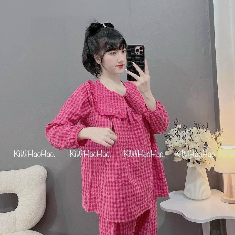 Bộ Bầu Dài Caro Chất Đũi Hàn Cao Cấp Mềm Mịn , Mặc Cả Sau Sinh Áo Có Khóa Tu Ti Đầm Bầu 2