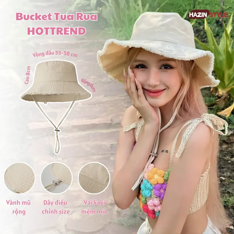 Mũ bucket tua rua HAZIN vải kaki mềm mịn thời trang Unisex, nón tai bèo cá tính có dây quai điều chỉnh phong cách hàn quốc nhiều màu đi du lịch đi HAM307chơi 1