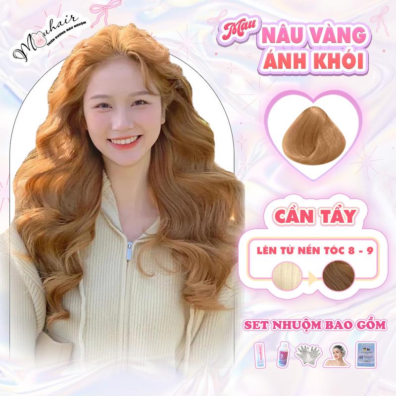 Thuốc nhuộm tóc, Thuốc nhuộm tóc màu NÂU VÀNG ÁNH KHÓI, Mouhair, tặng oxi trợ dưỡng,bao tay, mũ trùm, bịt tai. Đổi Màu Tóc Nữ