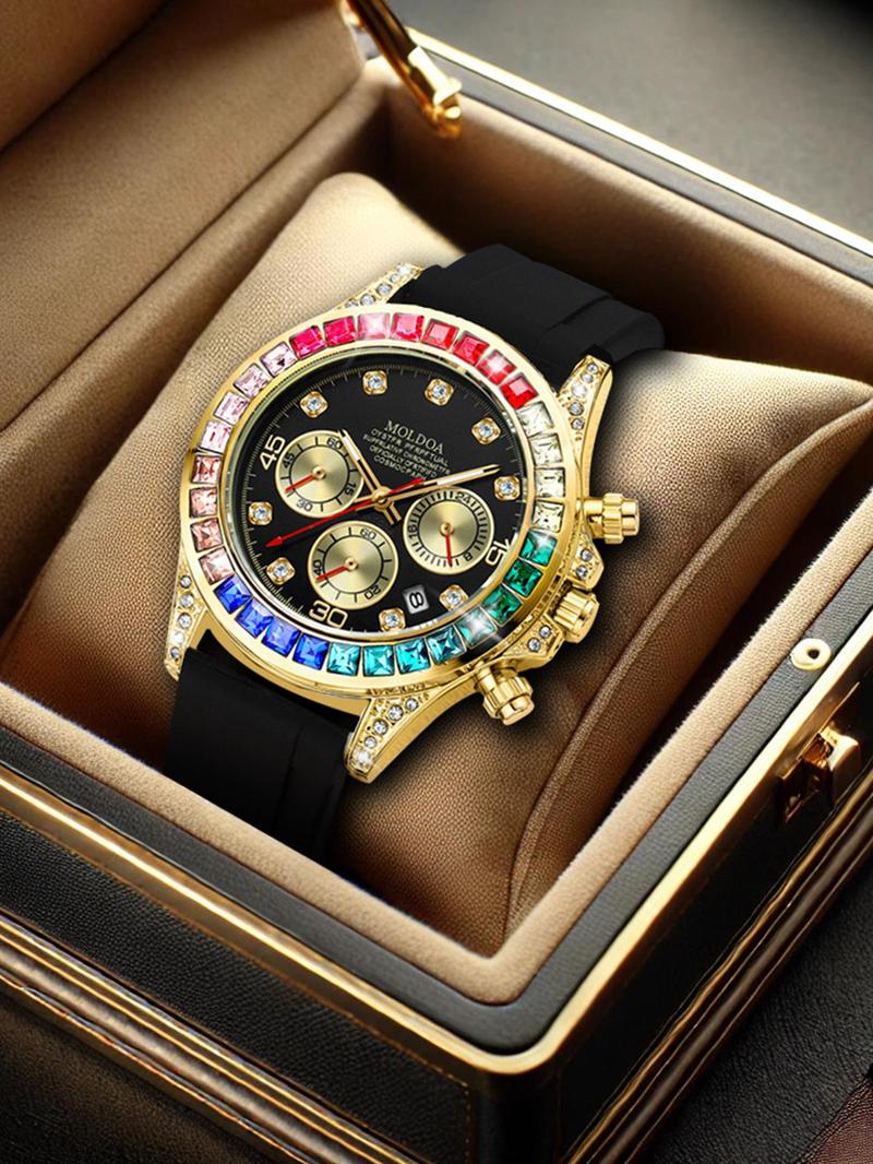 Product Introduction of Men's Business Fashion Rhinestone Decorated Analog Quartz Watch, Fashion Watch for Party, Daily Clothing Decor, Trendy All-match & Exquisite Watch Jewel for Birthday Gift with Box 2