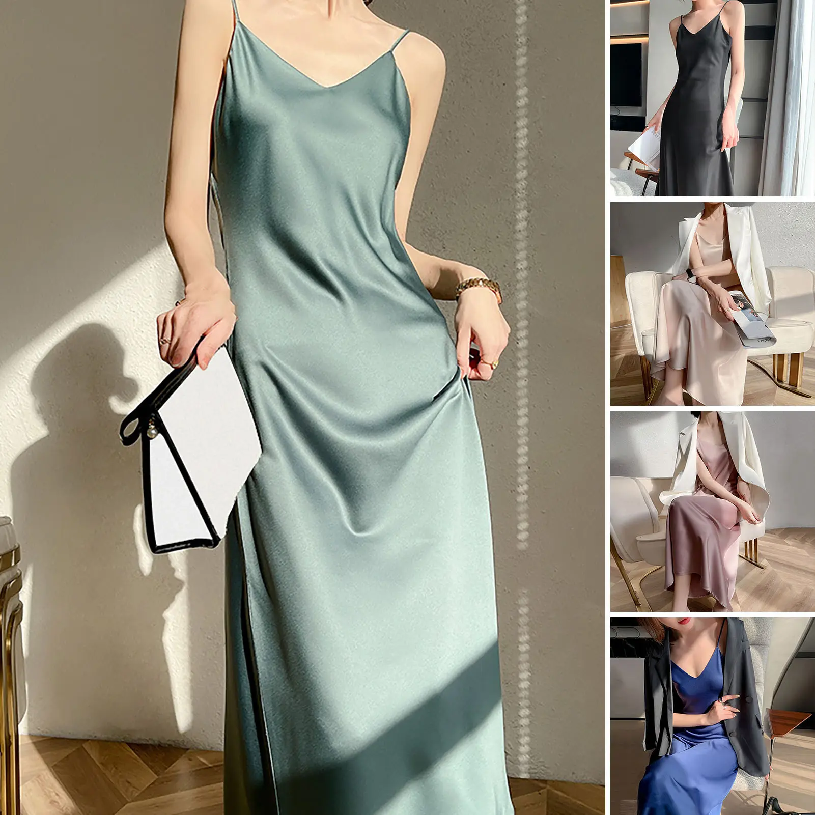 Phcalgity-Váy Giữa Satin Cho Nữ, Dây Mảnh, Cổ Chữ V, Cơ Bản, Không Tay, Hở Lưng, Eo Cao, Thanh Lịch, Quần Áo Mùa Hè