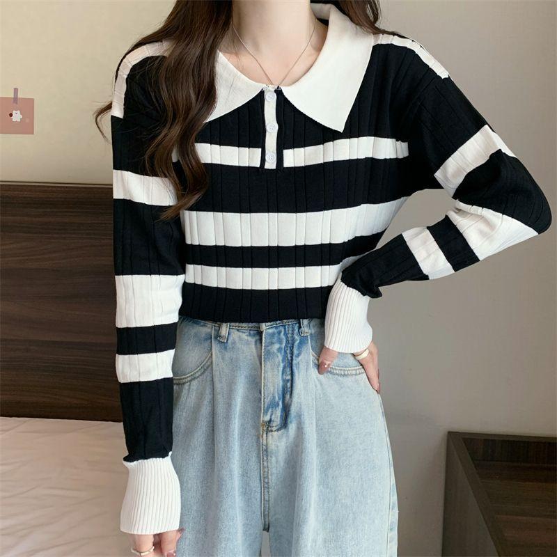 Product Introduction of Striped Polo Collar Knitwear for Women 2024 Spring and Autumn New Contrast Color Design Chic Slim Short Long Sleeve Top Womenswear Lingerie Comfort Knitting Collared 9