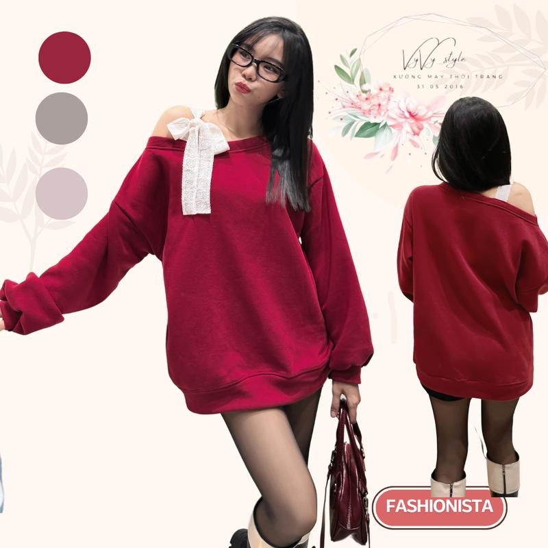Áo Lệch Vai Freesize From Rộng Chất Vải Nỉ Bông Ấm Buộc Dây Nơ Vai Nữ Women Ren Kem