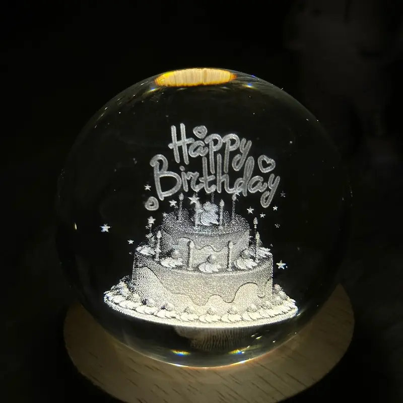Lampu Crystal Mini 3D Happy Birthday Lampu Tidur Aesthetic Lampu Hias USB Hadiah Kado Ulang Tahun Pacar Kado Natal Akrilik Kristal Kuning 1