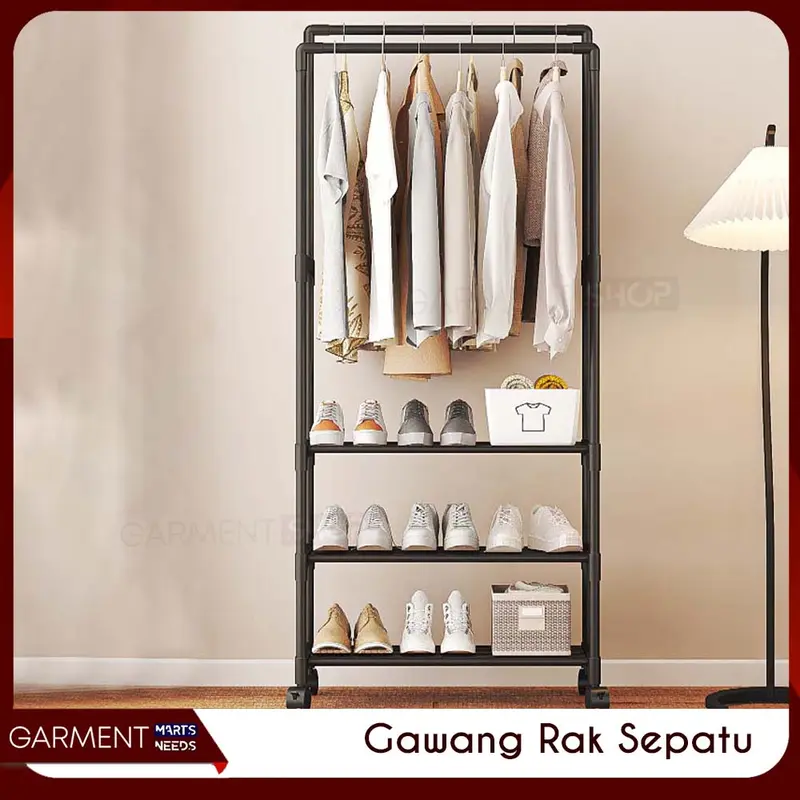 [TERMURAH] - Rak Gantungan Baju Celana Sepatu Stand Hanger Dengan Roda Keranjang Tempat Penyimpanan Serbaguna 1
