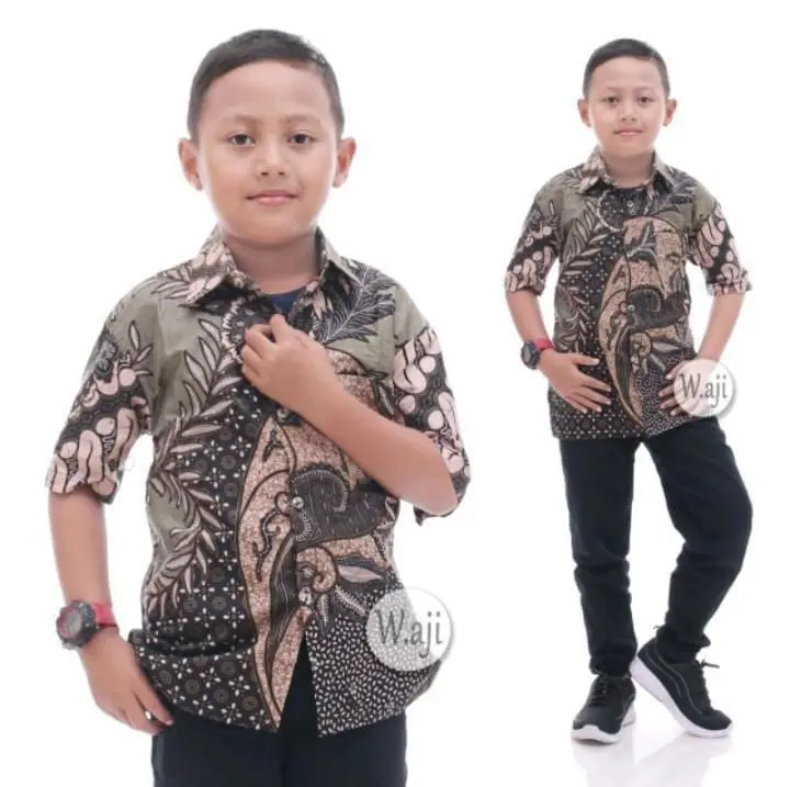 Hem Batik Anak Cowok Lengan Pendek Usia 1-12 Thn Motif Kate Hijau Katun