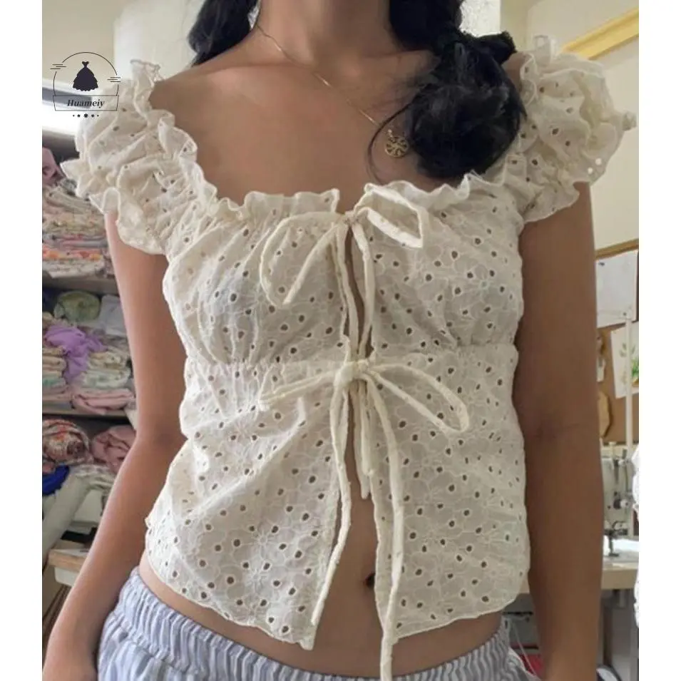 Áo Thun Buộc Dây Trước Cho Nữ, Huameiy, ngắn Tay, Cổ Vuông, Áo Ôm Sát, Trang Trí Diềm Xếp Nếp, Áo Phông