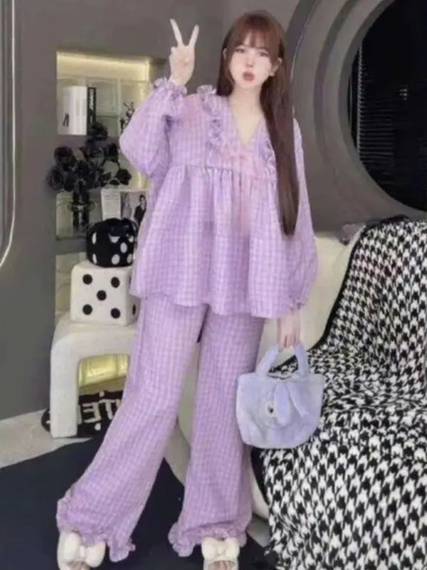 Đồ bộ karo babydoll nữ chất cotton xốp mềm mịn mặc nhà tiểu thư bánh bèo siêu xinh Women Quần Ngủ Áo 6