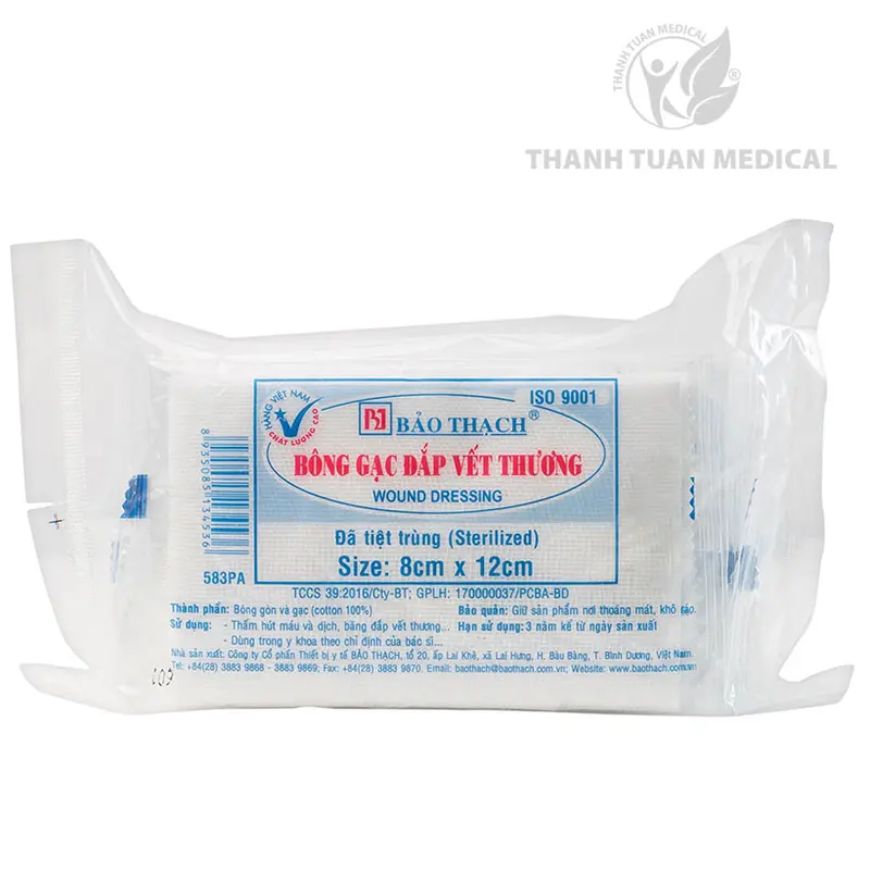 Bông gạc đắp vết thương Bảo Thạch - 10 miếng/gói (Kích thước 8cm x 12cm hoặc 8cm x 17cm) dùng để sơ cứu vết trầy xước, vết rách, vết bỏng, vết thương sau phẫu thuật và vết loét. 0