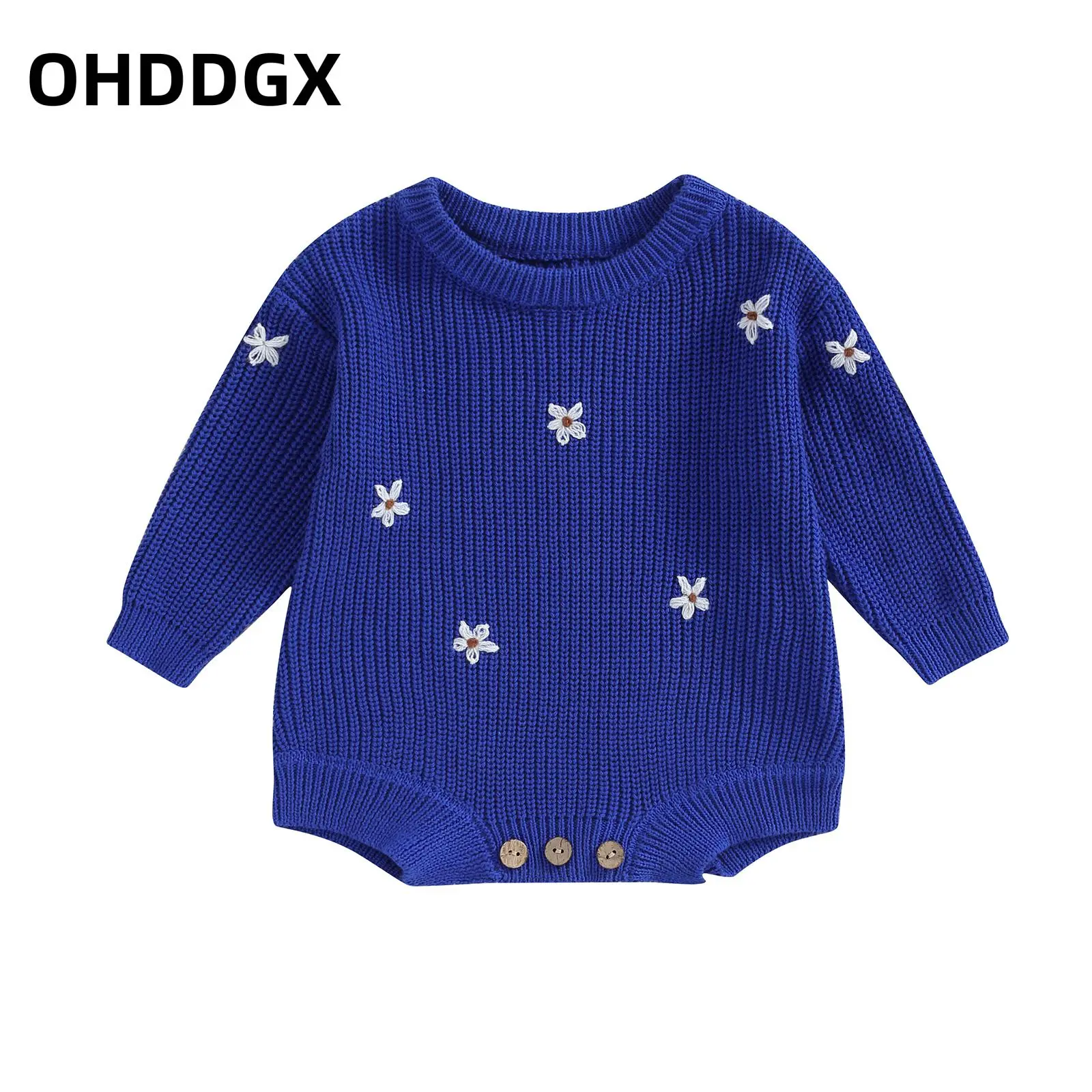 Infant Girl Knitting Jumpsuit Flower Embroidery Long Sleeve Romper