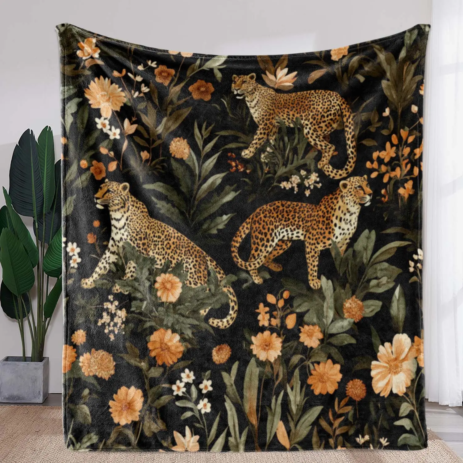 Vintage Leopard & Floral Print Blanket, 1 Count Soft Warm Throw Blanket, Air-conditioned Room Blanket, Warm Nap Blanket for Home & Office & Travel