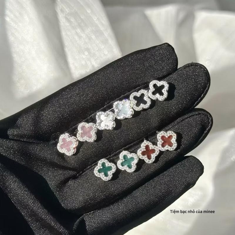  Bông tai cỏ 4 lá viền đá 5 màu bạc ta siêu xinh cho nữ - tiệm bạc nhỏ của minee 