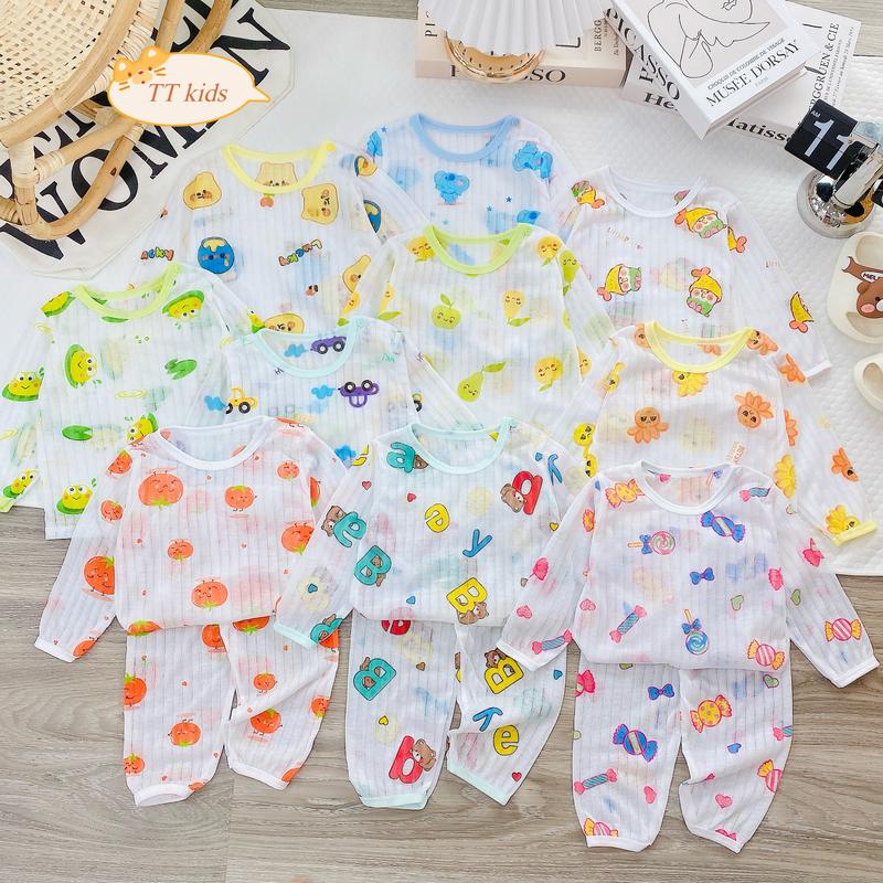 Sét 10 bộ quần áo dài tay cotton giấy nhiều hình xinh xắn cho bé trai bé gái từ 3-13kg Vải Cotton