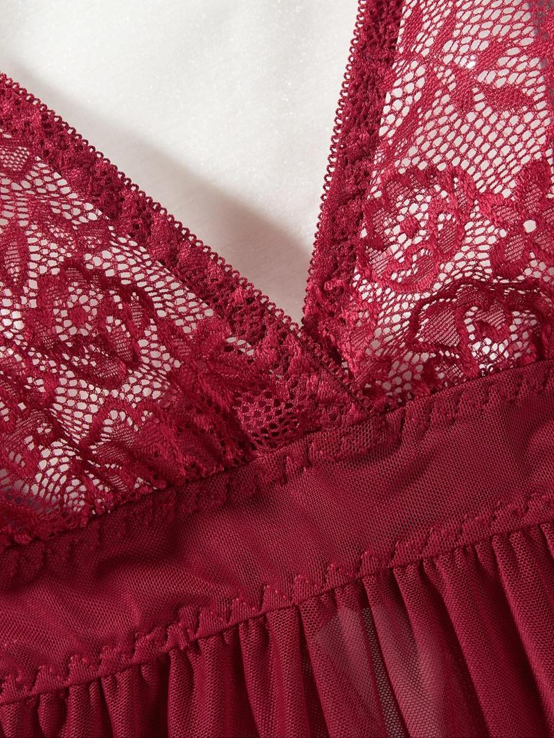 Product Introduction of Women's   Bow Decor Contrast Lace Cami Nightdress & Thong Mesh Sexy Lingerie Set, Adjustable Spaghetti Strap Nighty Dress & Sheer Thong Two-piece Lingerie Set, Ladies' Sleepwear Set for All Seasons 4