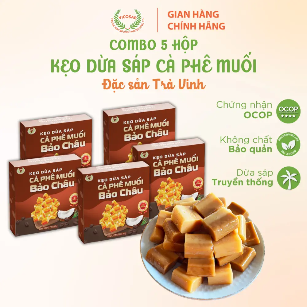 Combo 5 Hộp Kẹo dừa sáp VICOSAP vị cà phê muối Bảo Châu kẹo mềm dẻo ít đường đặc sản Trà Vinh - Ăn Vặt Candy Snack Food