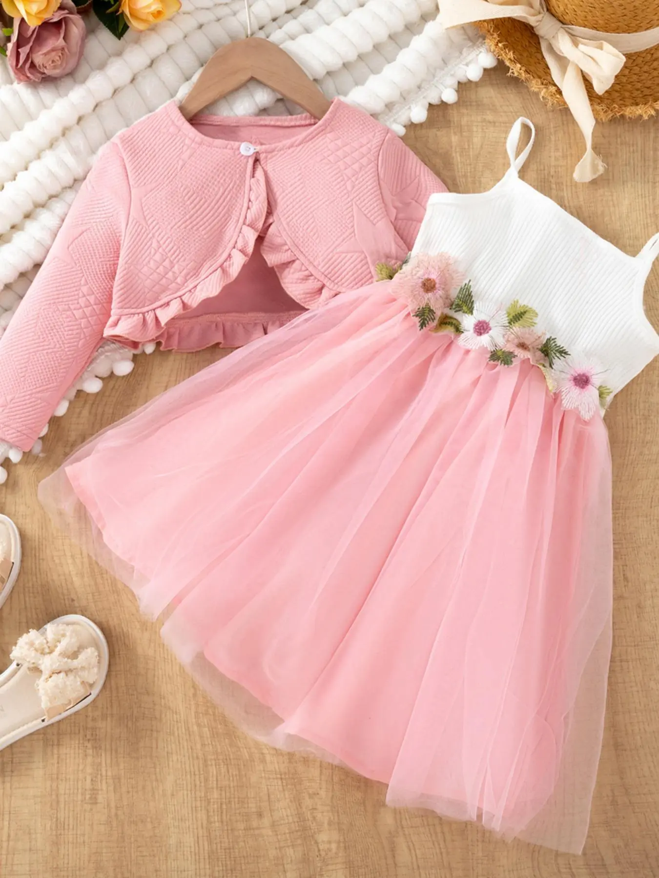 Girl's Plain Jacquard Ruffle Trim Crop Jacket & Floral Embroidery Contrast Mesh Dress, Fashion Cute Button Long Sleeve Top & A-line Cami Dress for Daily Wear, Girls Fancy Dress, Kids Fall Clothes, Clean Girl Outfit, Kids Fancy Dress, Girls Sets