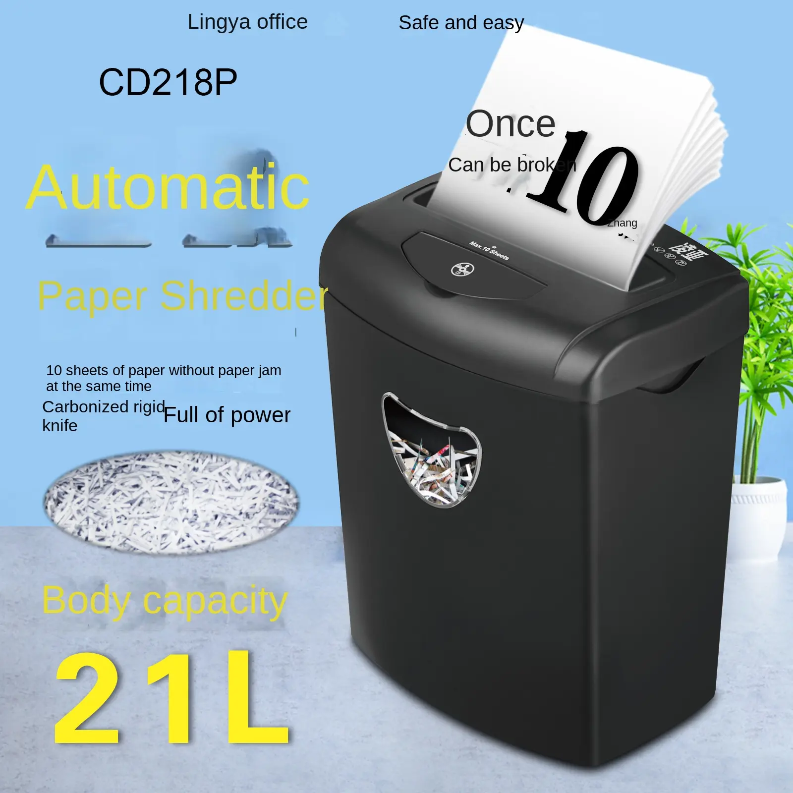 Shredder Office 21l Large Capacity Electric File Crushing 4-Level Confidential 10-Piece Shredder
