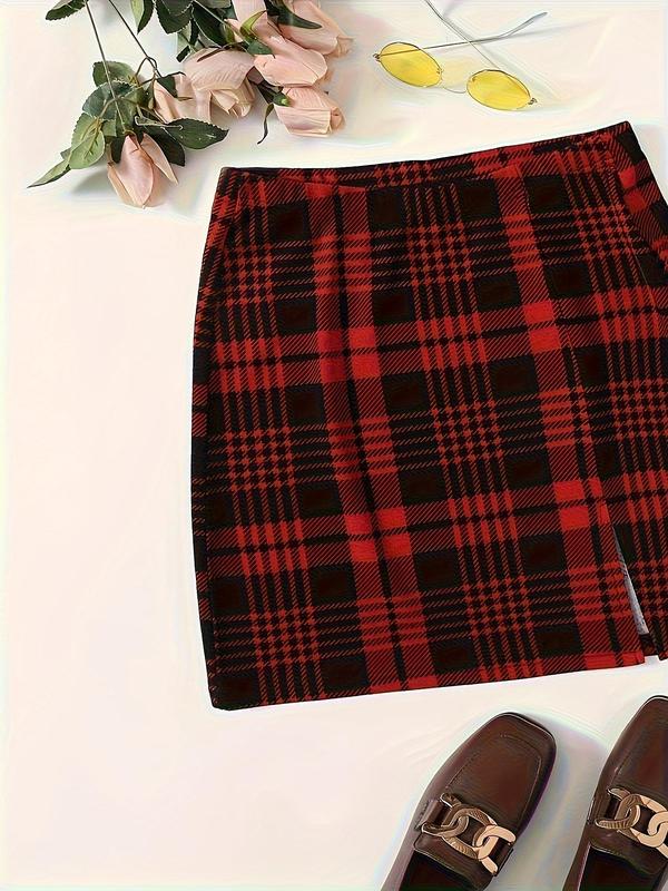 Women's Plaid Print Split Hem Skirt, Elegant Fashion Casual Short Skirt for Daily Outdoor Wear, Women's Bottoms for Spring & Fall 2