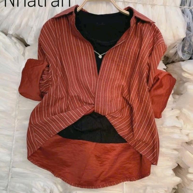 Áo Sơ Mi Sọc Tay Dài Hottrend 3 món Kèm Áo Ba Lỗ + Dây Chuyền 40_65kg Xinh Xắn Thông thường Nữ