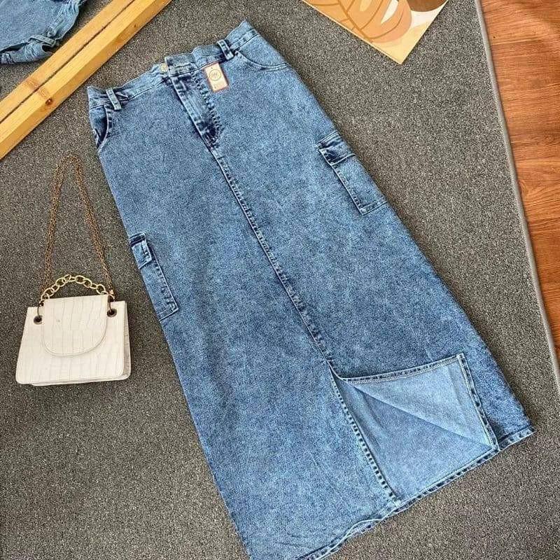 Product Introduction of Rok Jeans Wanita Cargo Denim Karet | Rok Cargo Jeans Belah depan Korean Style 2