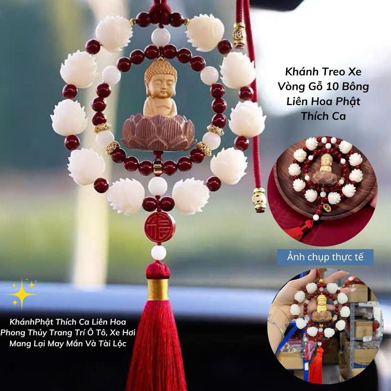Khánh Treo Xe Vòng Gỗ 10 Bông Liên Hoa Phật Thích Ca Gỗ Hoàng Dương Khánh Treo Gương Chiếu Hậu Ô Tô Mang Lại May Mắn Nội Thất