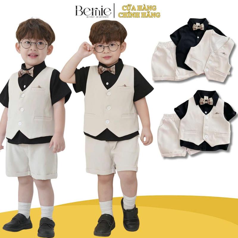 Set bộ bé trai áo sơ mi tay ngắn màu đen phối gi le rời quần short kèm nơ cổ 1 đến 7T BERNIE 0724B26